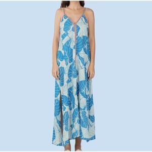 AMERICA & BEYOND Tropical Leaf Print Maxi Dress Blue White resort boho flowy y2k